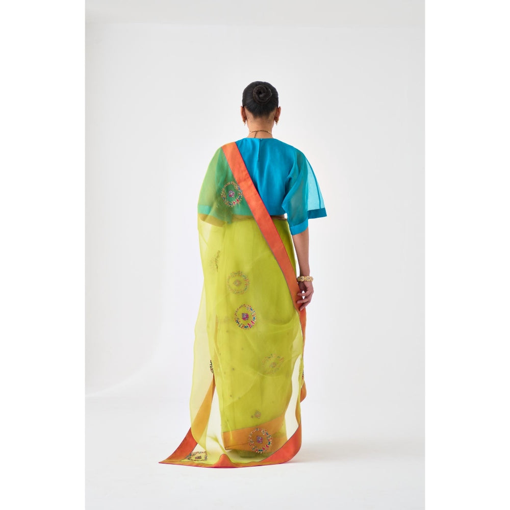 Janki India Lime Green Embroidered Saree and Petticoat Without Blouse