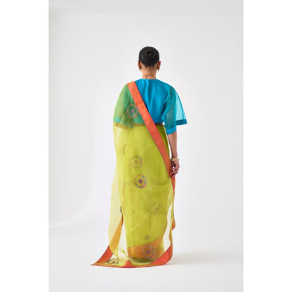 Janki India Lime Green Embroidered Saree and Petticoat Without Blouse