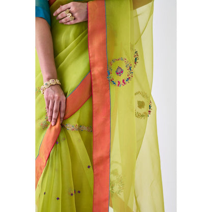 Janki India Lime Green Embroidered Saree and Petticoat Without Blouse