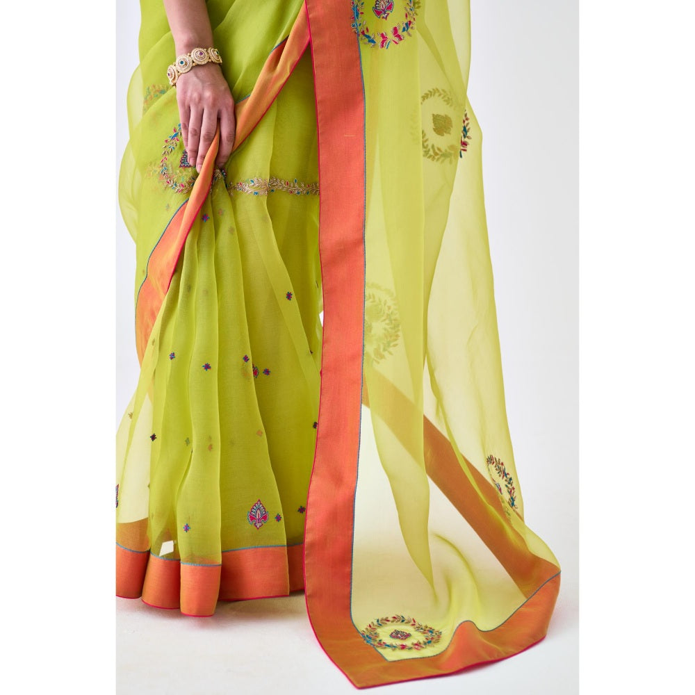 Janki India Lime Green Embroidered Saree and Petticoat Without Blouse