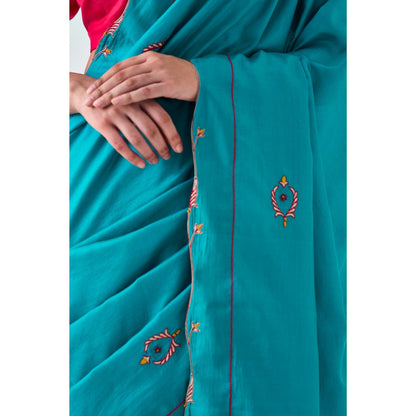 Janki India Blue Silk Embroidered Saree and Petticoat Without Blouse