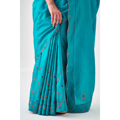 Janki India Blue Silk Embroidered Saree and Petticoat Without Blouse