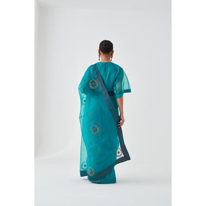 Janki India Blue Organza Embroidered Saree and Petticoat Without Blouse