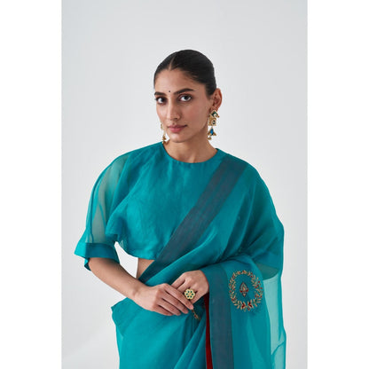 Janki India Blue Organza Embroidered Saree and Petticoat Without Blouse