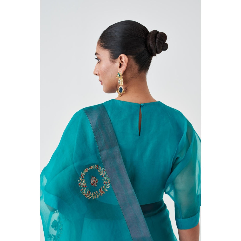 Janki India Blue Organza Embroidered Saree and Petticoat Without Blouse