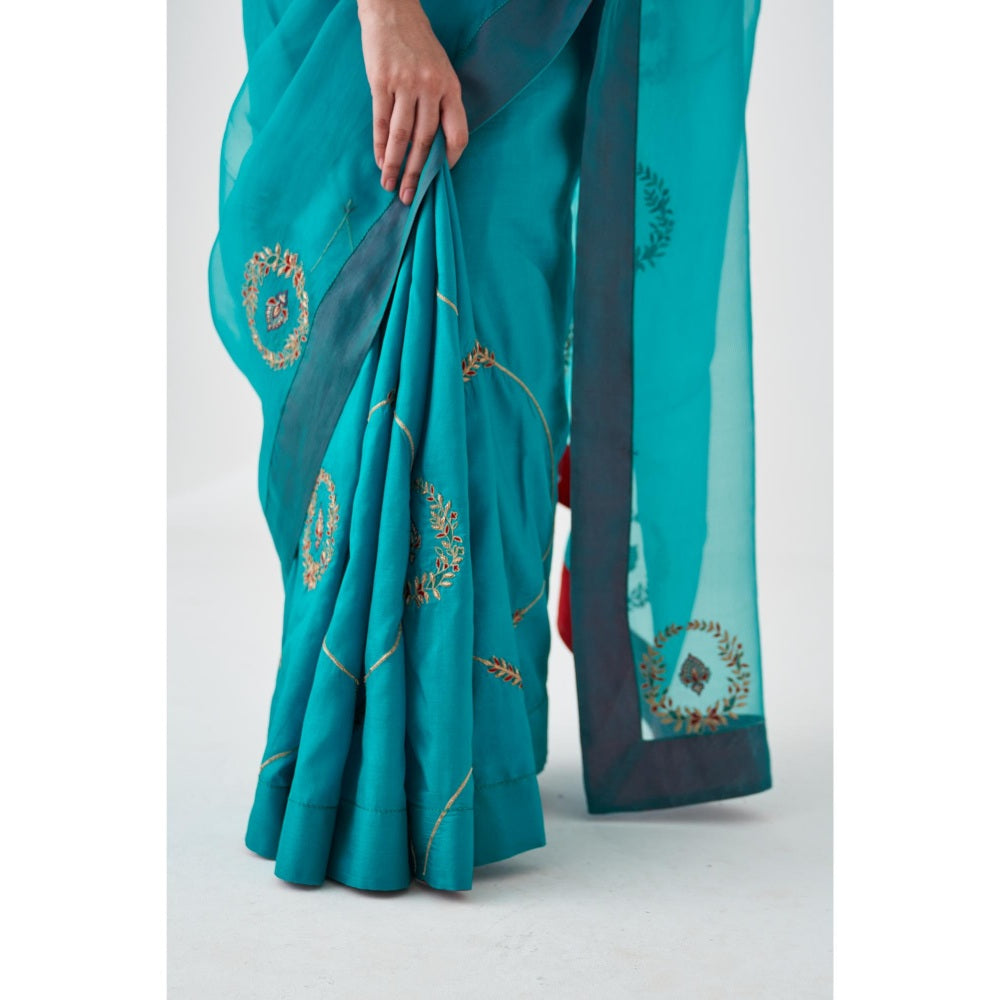 Janki India Blue Organza Embroidered Saree and Petticoat Without Blouse