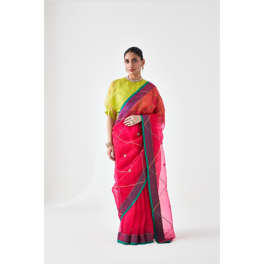 Janki India Fuchsia Pink Organza Embroidered Saree and Petticoat Without Blouse