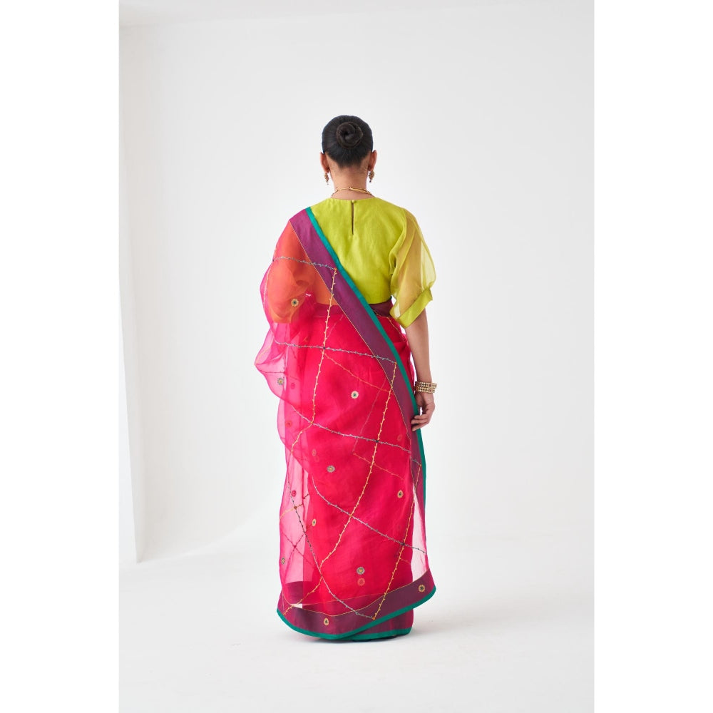Janki India Fuchsia Pink Organza Embroidered Saree and Petticoat Without Blouse