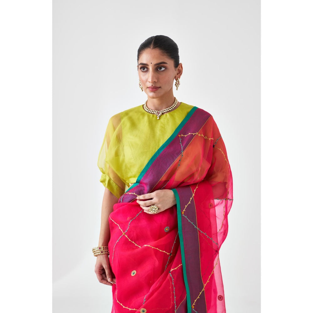 Janki India Fuchsia Pink Organza Embroidered Saree and Petticoat Without Blouse
