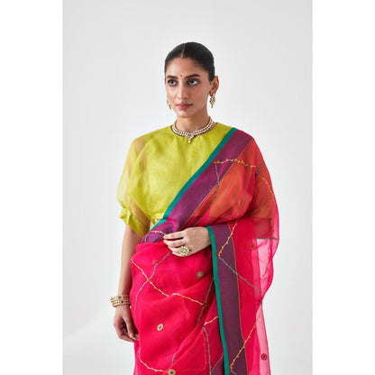 Janki India Fuchsia Pink Organza Embroidered Saree and Petticoat Without Blouse