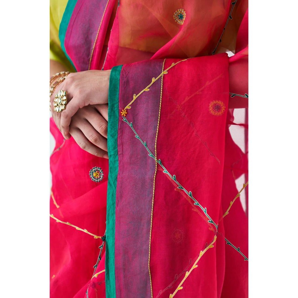 Janki India Fuchsia Pink Organza Embroidered Saree and Petticoat Without Blouse