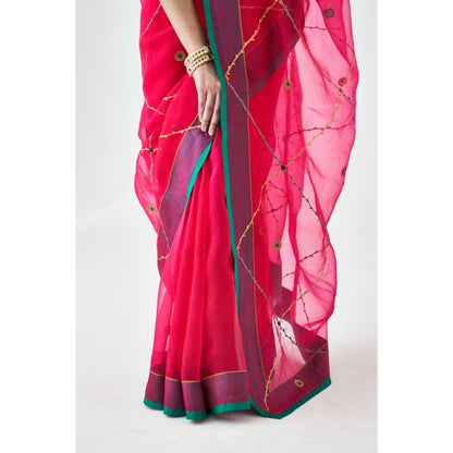 Janki India Fuchsia Pink Organza Embroidered Saree and Petticoat Without Blouse