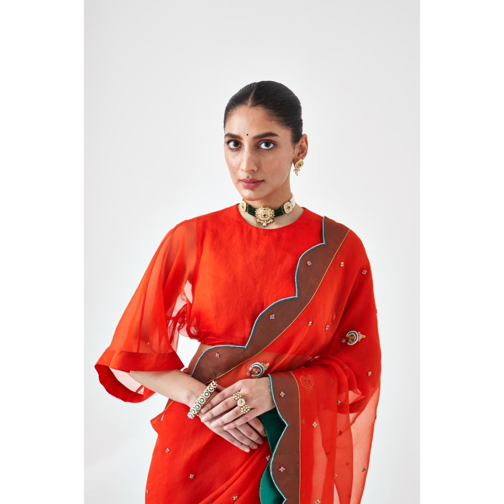 Janki India Orange Scallop Border Embroidered Saree and Petticoat Without Blouse