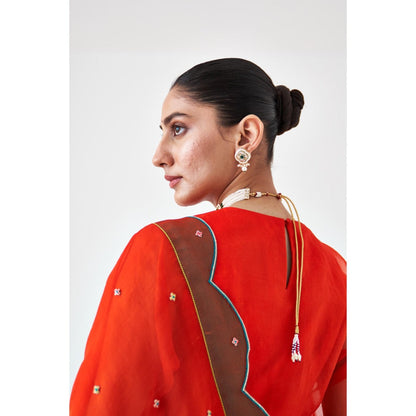 Janki India Orange Scallop Border Embroidered Saree and Petticoat Without Blouse