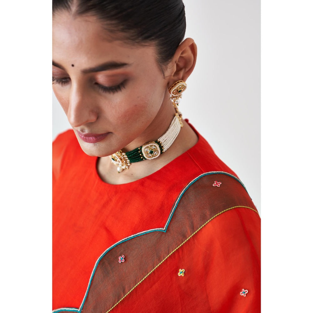 Janki India Orange Scallop Border Embroidered Saree and Petticoat Without Blouse