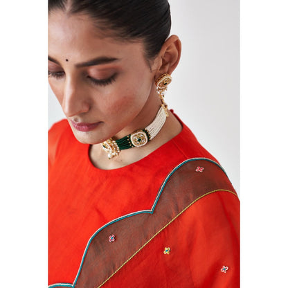 Janki India Orange Scallop Border Embroidered Saree and Petticoat Without Blouse