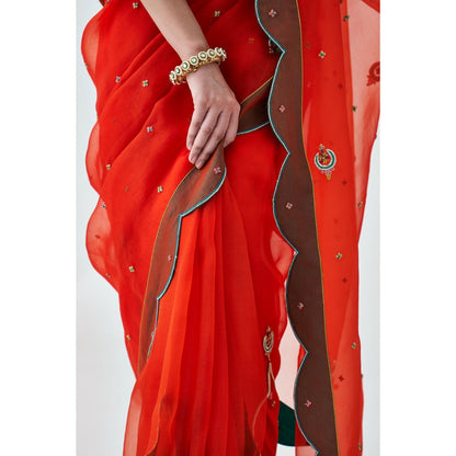 Janki India Orange Scallop Border Embroidered Saree and Petticoat Without Blouse