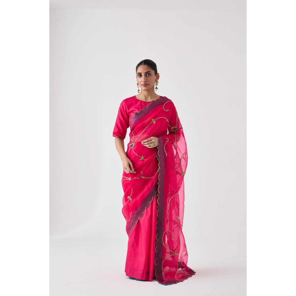 Janki India Fuchsia Pink Embroidered Saree and Petticoat Without Blouse