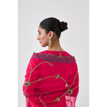 Janki India Fuchsia Pink Embroidered Saree and Petticoat Without Blouse