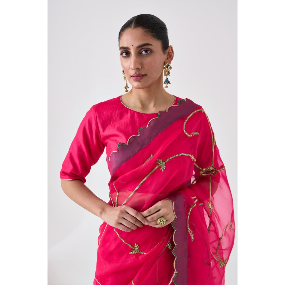 Janki India Fuchsia Pink Embroidered Saree and Petticoat Without Blouse