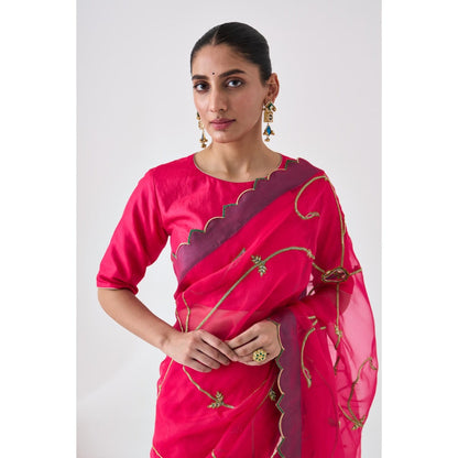 Janki India Fuchsia Pink Embroidered Saree and Petticoat Without Blouse