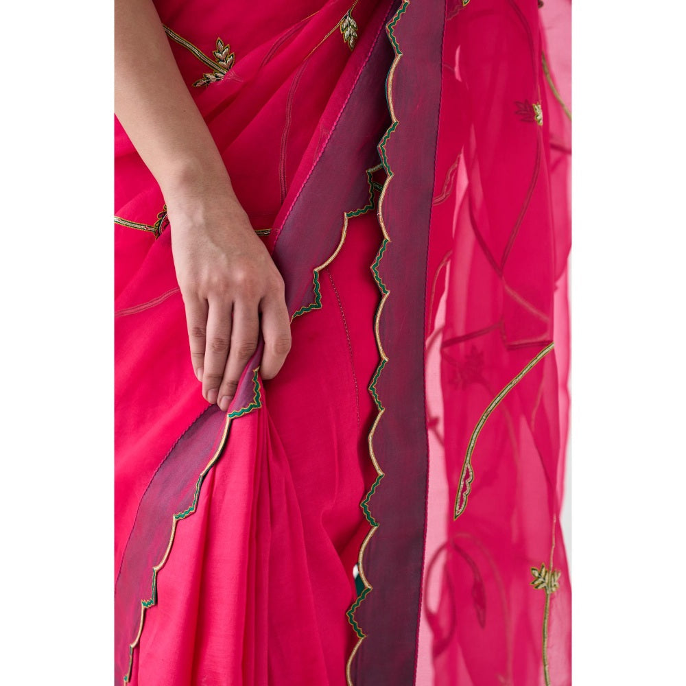 Janki India Fuchsia Pink Embroidered Saree and Petticoat Without Blouse