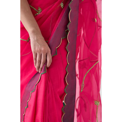 Janki India Fuchsia Pink Embroidered Saree and Petticoat Without Blouse
