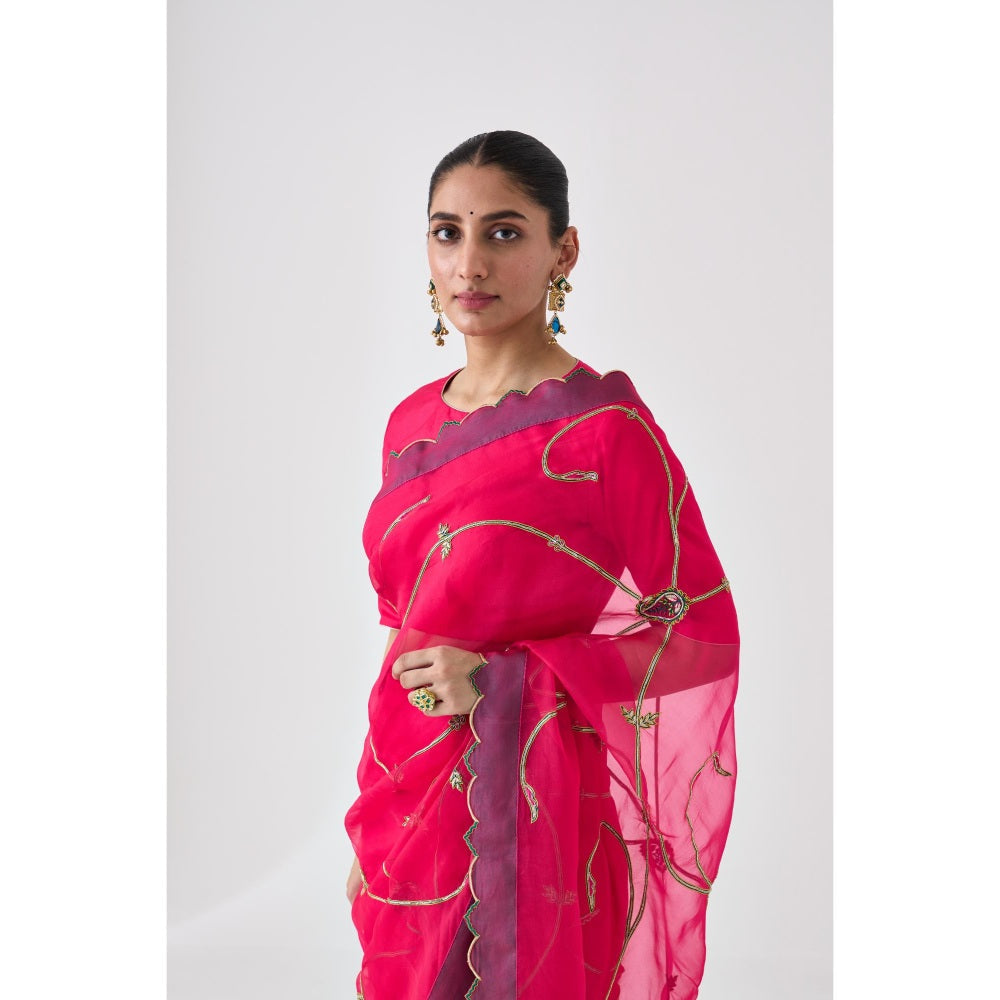 Janki India Fuchsia Pink Embroidered Saree and Petticoat Without Blouse
