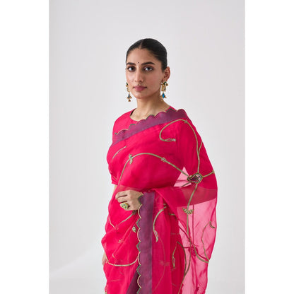 Janki India Fuchsia Pink Embroidered Saree and Petticoat Without Blouse
