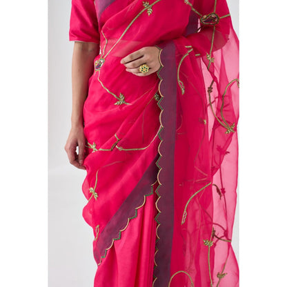 Janki India Fuchsia Pink Embroidered Saree and Petticoat Without Blouse