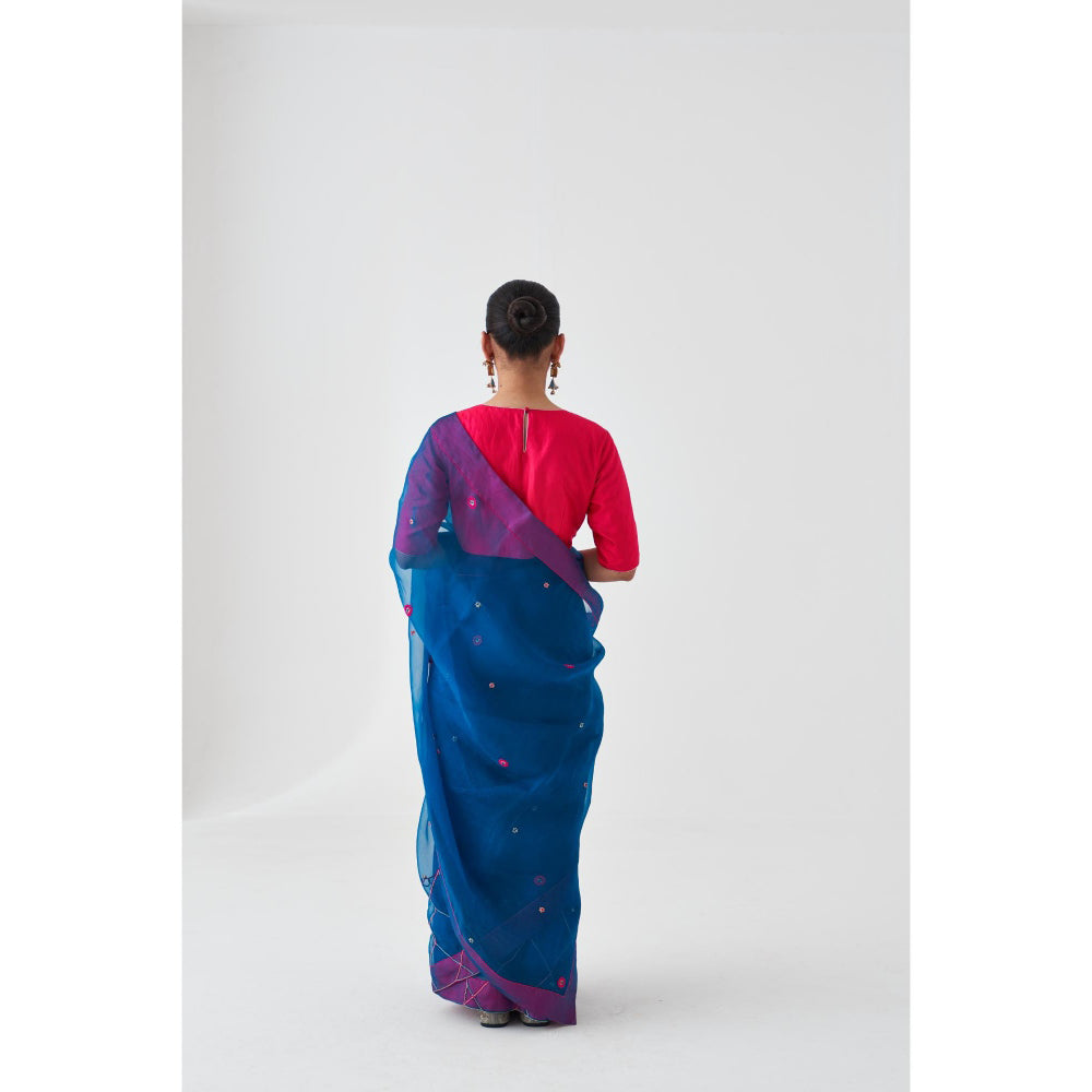 Janki India Blue Organza Embroidered Saree and Petticoat Without Blouse