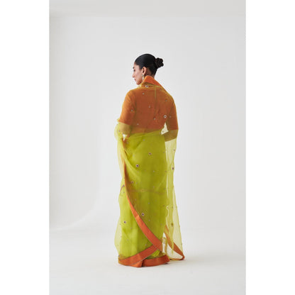 Janki India Lime Green Organza Embroidered with Petticoat and Without Blouse