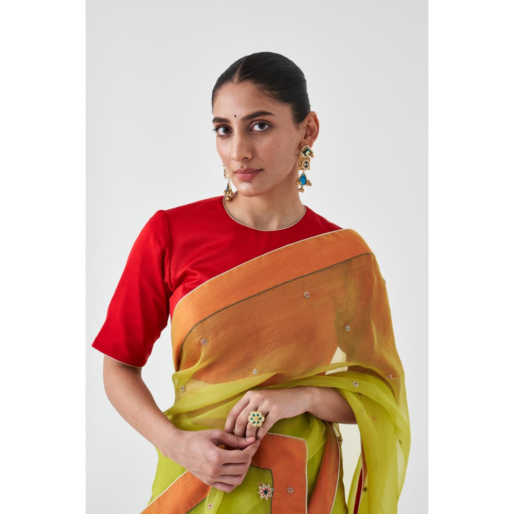 Janki India Lime Green Organza Embroidered with Petticoat and Without Blouse