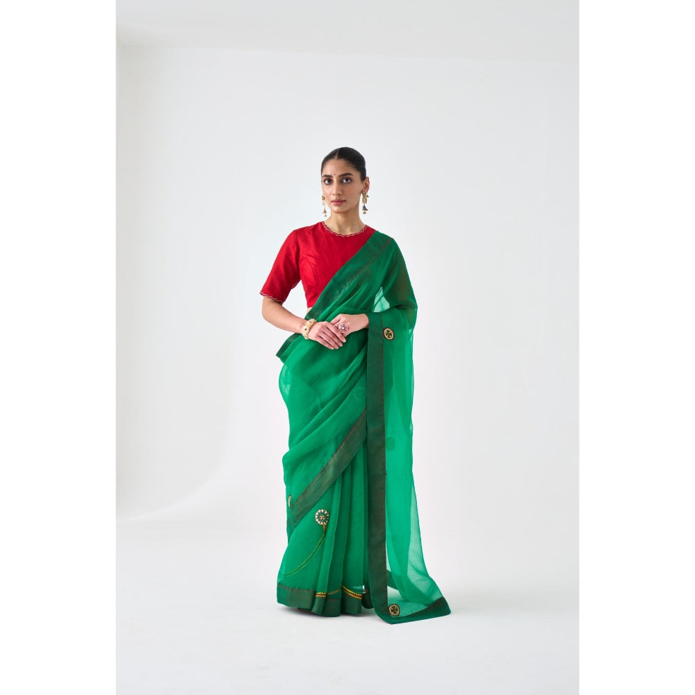 Janki India Green Organza Embroidered Saree and Petticoat Without Blouse