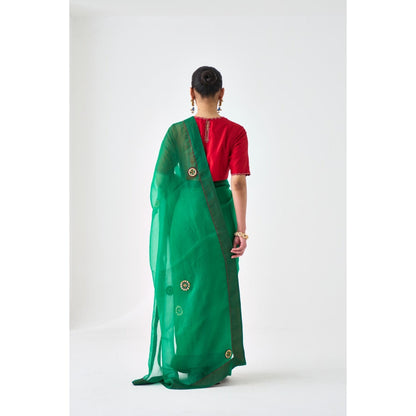 Janki India Green Organza Embroidered Saree and Petticoat Without Blouse