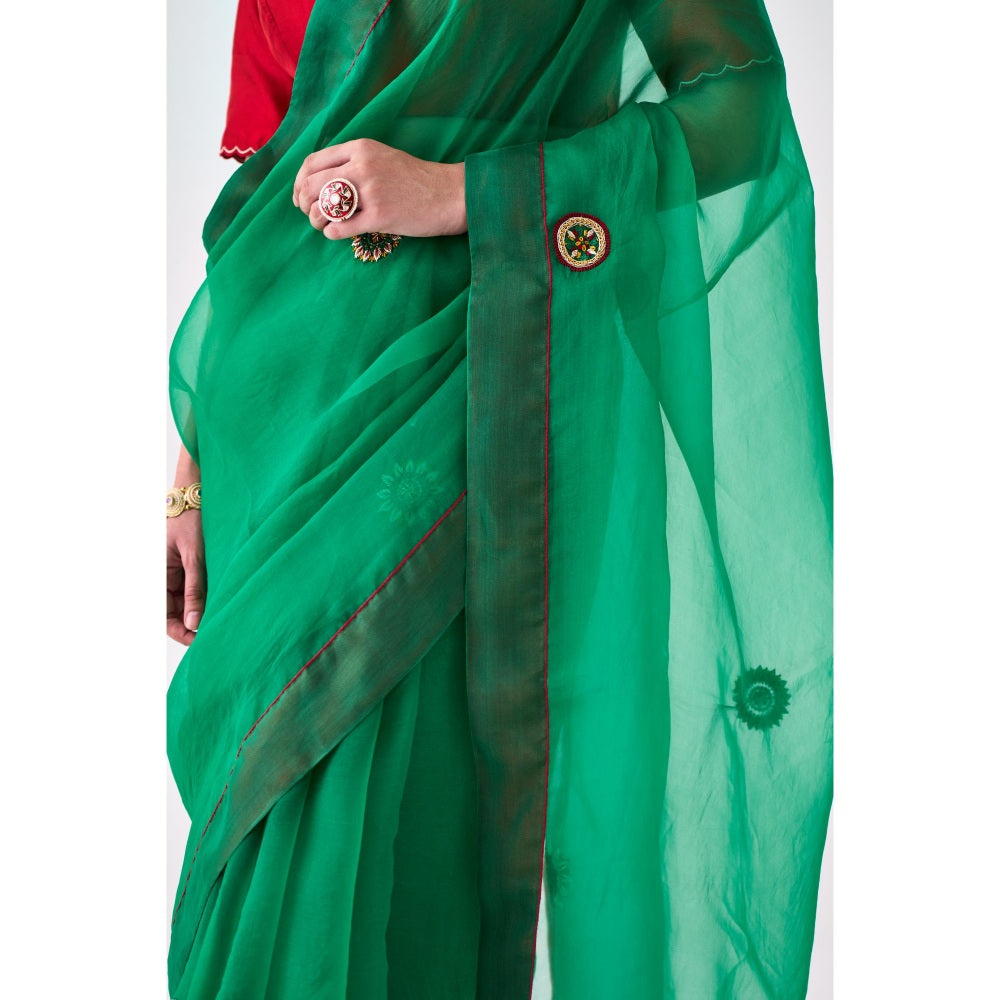 Janki India Green Organza Embroidered Saree and Petticoat Without Blouse