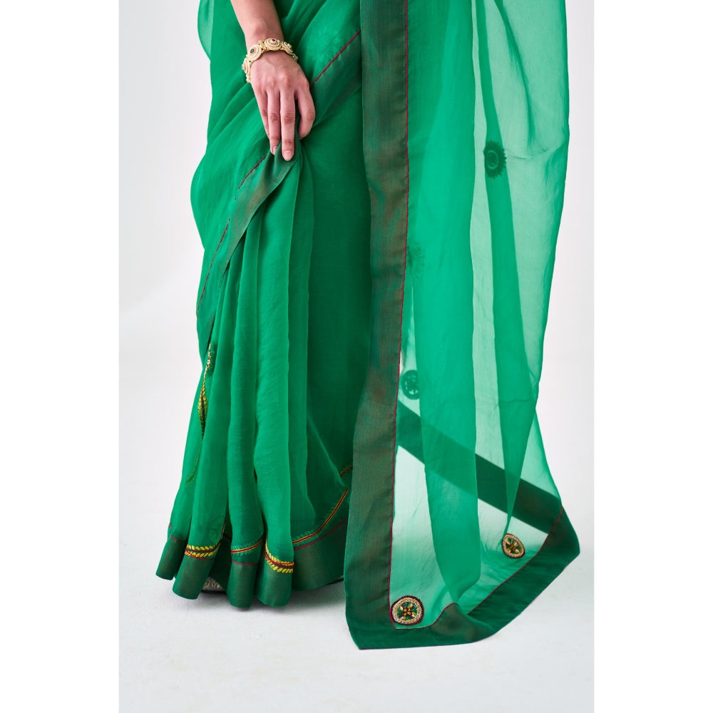 Janki India Green Organza Embroidered Saree and Petticoat Without Blouse
