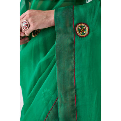 Janki India Green Organza Embroidered Saree and Petticoat Without Blouse