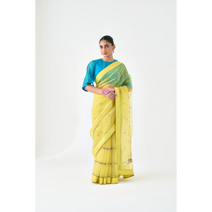 Janki India Yellow Organza Embroidered Saree and Petticoat Without Blouse