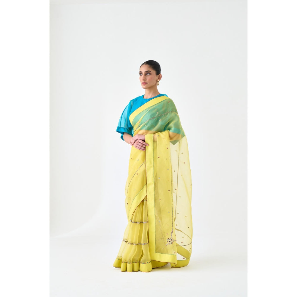 Janki India Yellow Organza Embroidered Saree and Petticoat Without Blouse