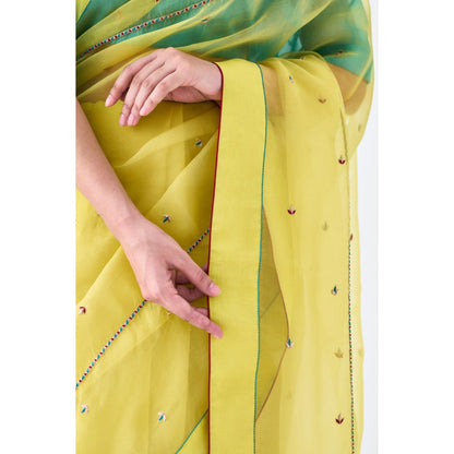 Janki India Yellow Organza Embroidered Saree and Petticoat Without Blouse