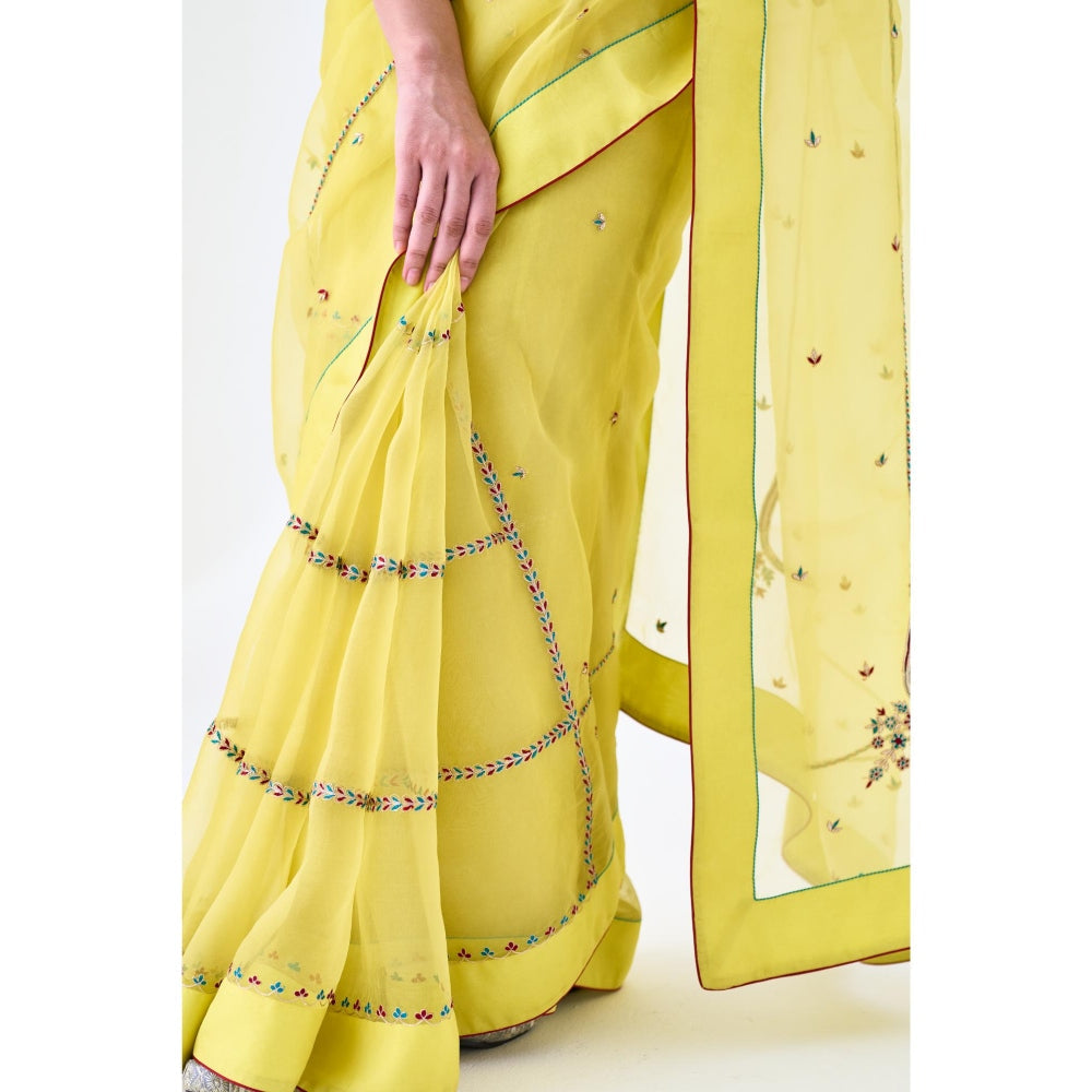 Janki India Yellow Organza Embroidered Saree and Petticoat Without Blouse
