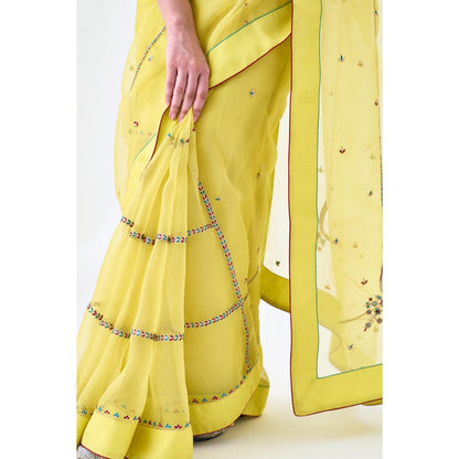 Janki India Yellow Organza Embroidered Saree and Petticoat Without Blouse