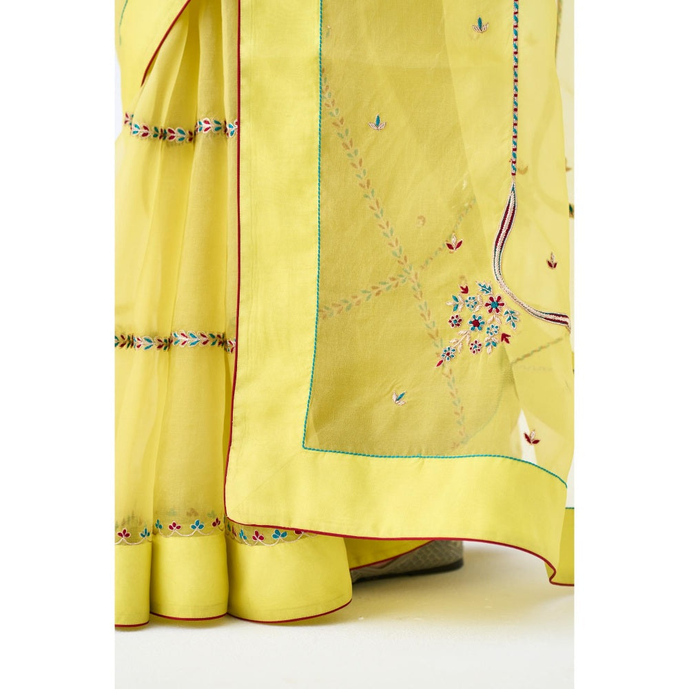 Janki India Yellow Organza Embroidered Saree and Petticoat Without Blouse