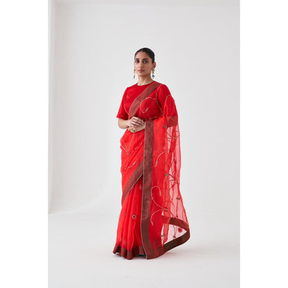 Janki India Red Organza Jaal Embroidered Saree and Petticoat Without Blouse