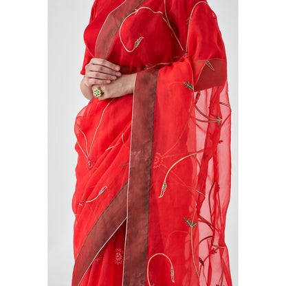 Janki India Red Organza Jaal Embroidered Saree and Petticoat Without Blouse