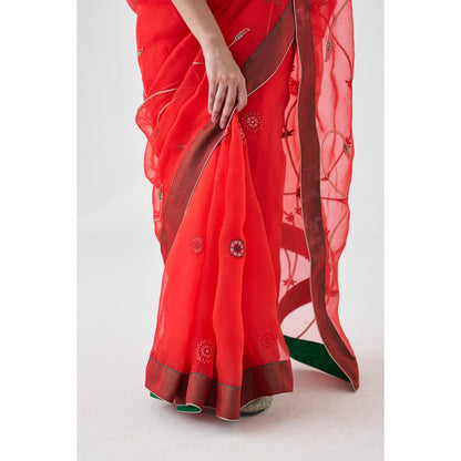 Janki India Red Organza Jaal Embroidered Saree and Petticoat Without Blouse
