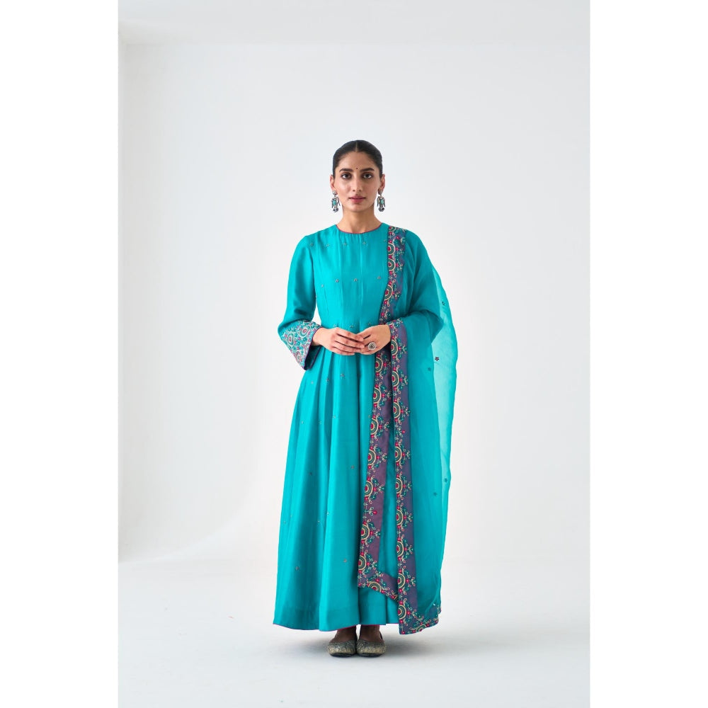 Janki India Turquoise Silk Dupion Embroidered Anarkali with Pant and Dupatta (Set of 3)