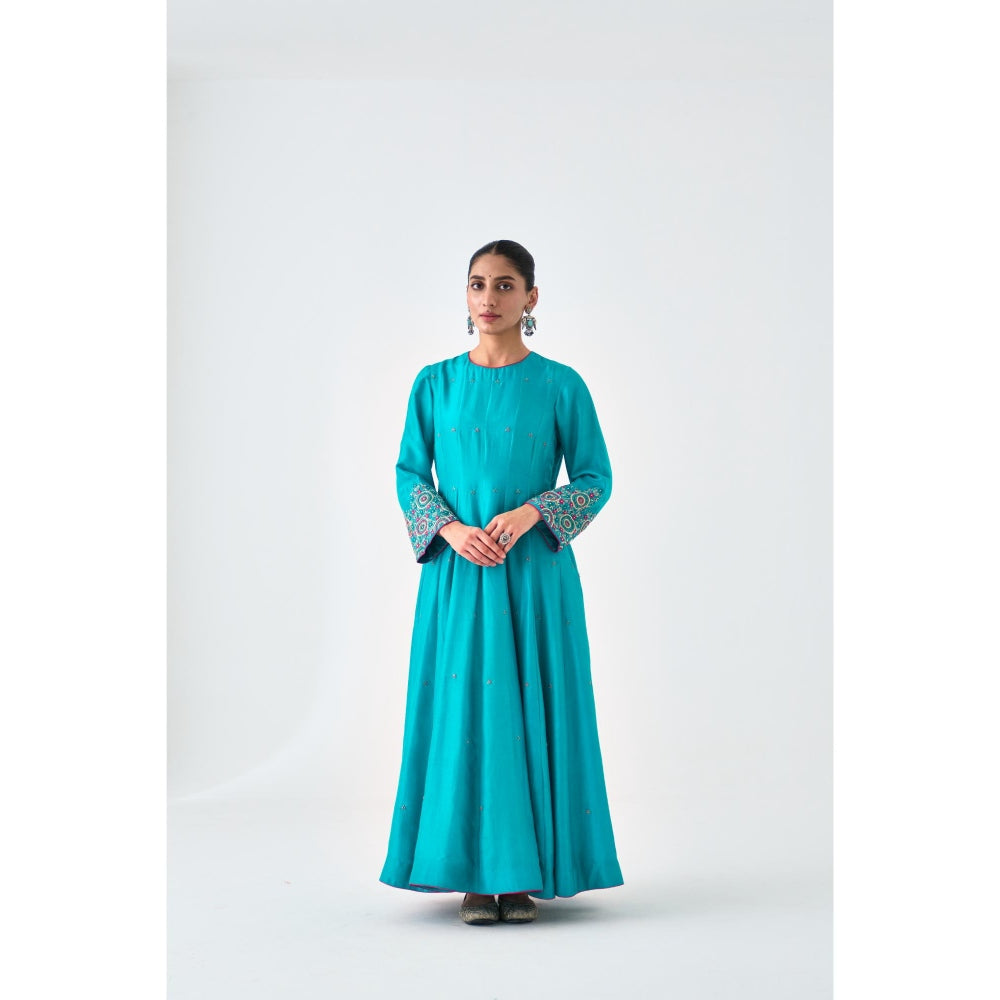 Janki India Turquoise Silk Dupion Embroidered Anarkali with Pant and Dupatta (Set of 3)