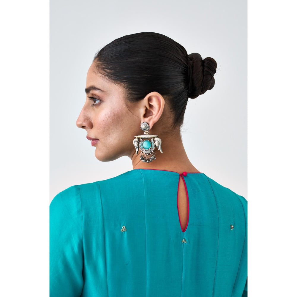 Janki India Turquoise Silk Dupion Embroidered Anarkali with Pant and Dupatta (Set of 3)